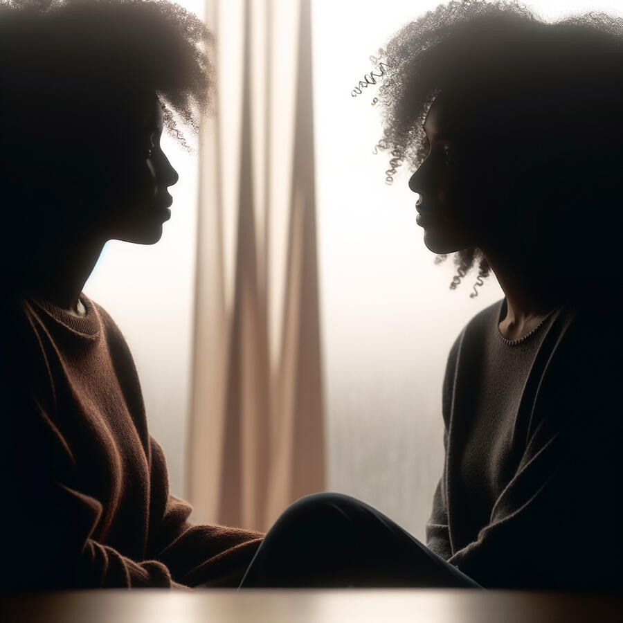 Two women with curly hair engaging in a therapy session