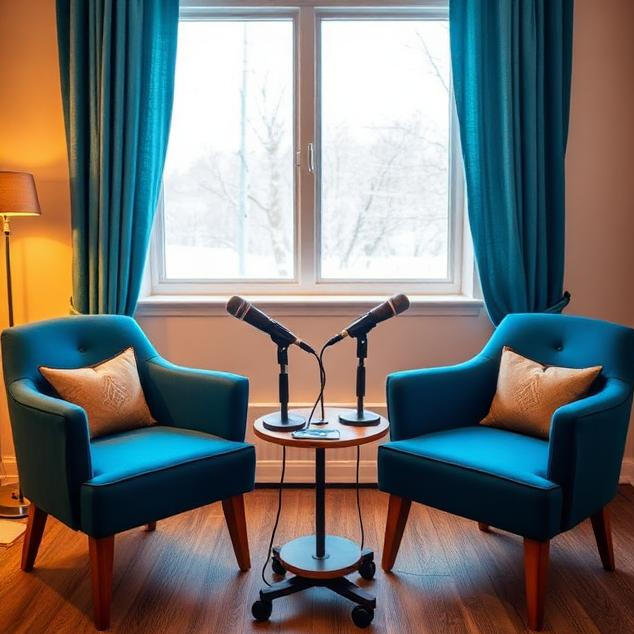 Two chairs and two microphones across from one another set up to interview therapist