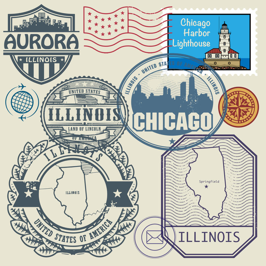 Stamp set with the name and map of Illinois, United States