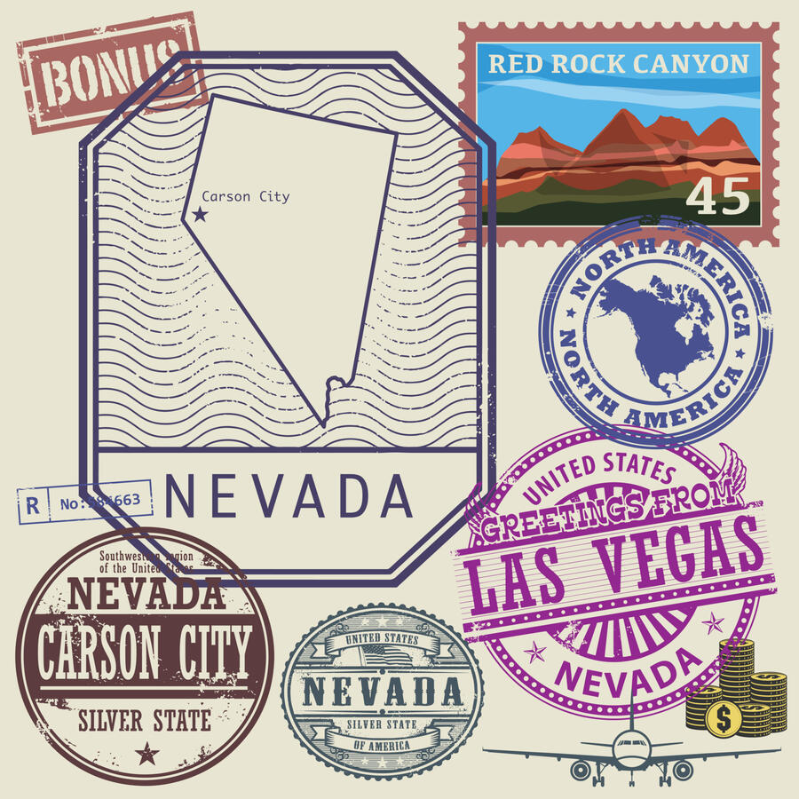 Stamp set with the name and map of Nevada, United States