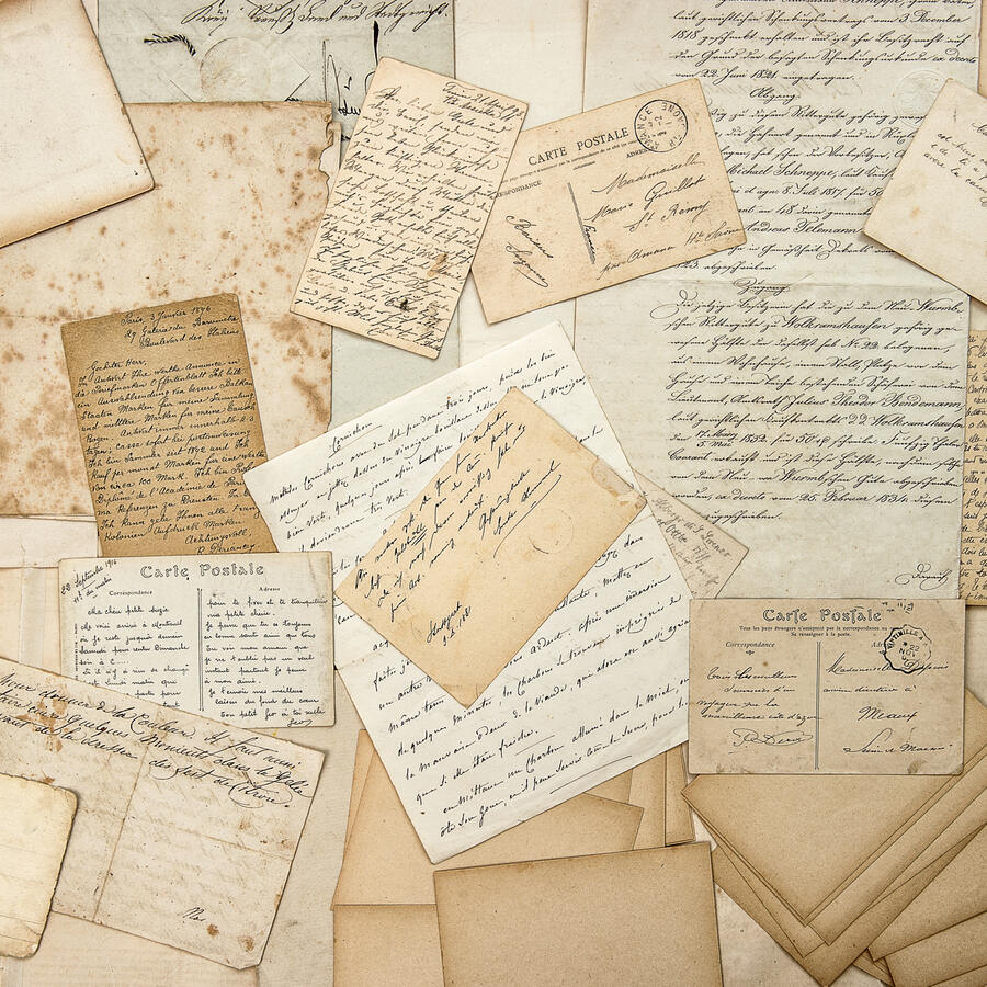 Vintage pile of letters, documents, and post cards