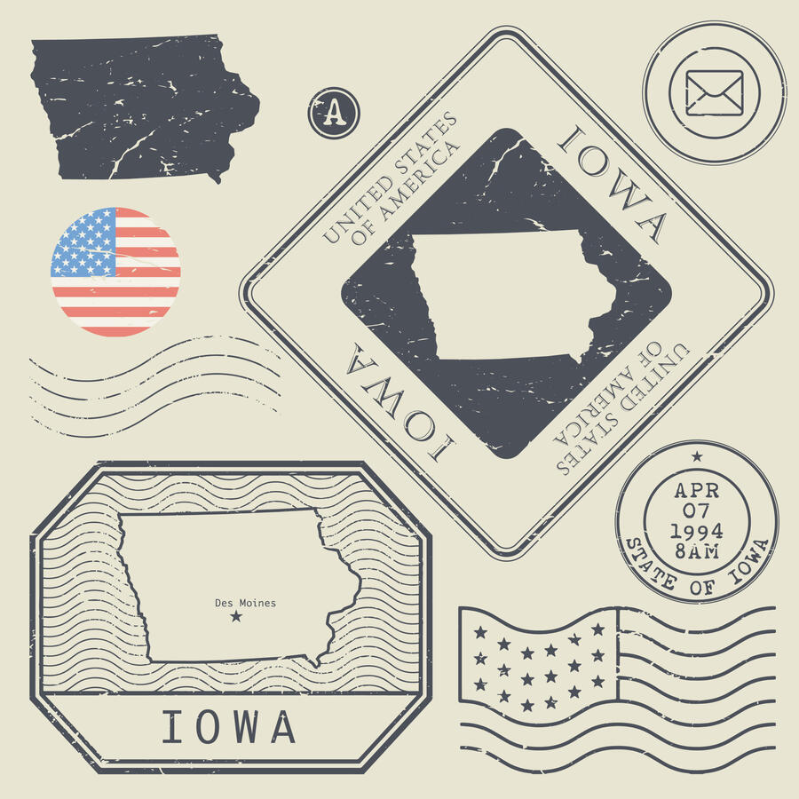 Stamp set with the name and map of Iowa, United States